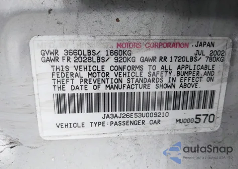 2003 Mitsubishi Lancer Es from USA, damaged, VIN JA3AJ26E53U009210